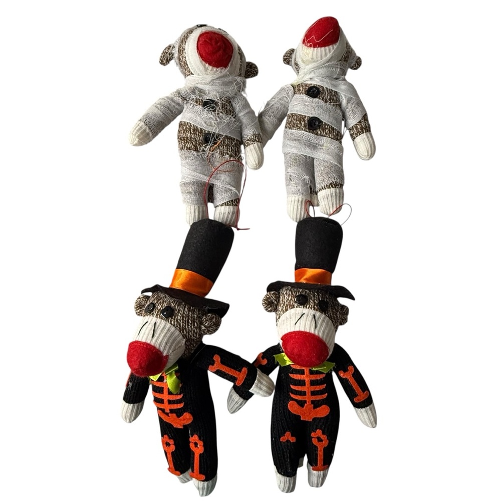 Halloween Sock Monkey Plush Ornament Lot 4 Mummy Skeleton Top Hat Spooky Decor